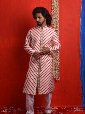 Sherwani (#01)</br>Intricate Jute Work & Elegant Block Stripes on Chanderi