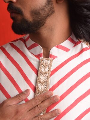 Sherwani (#01)</br>Intricate Jute Work & Elegant Block Stripes on Chanderi