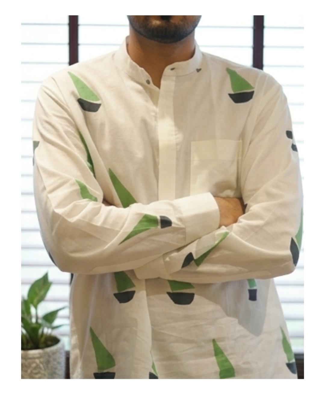 Men’s Boat Print Shirt in Mul Cotton - Front View