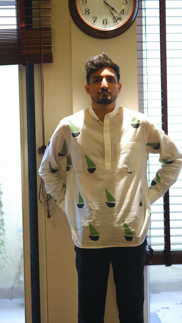 Men’s Boat Print Kurta in Mul Cotton | OOS